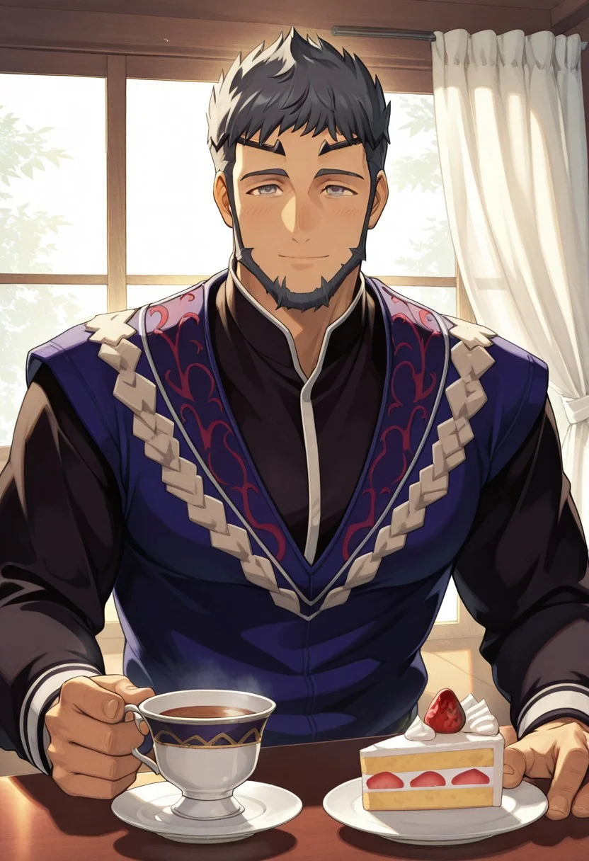 masterpiece, best quality, newest, very awa, extreme detail description, amazing quality, 1boy, muscular male, solo, mauvier_fe, diadem, black hair, grey eyes, facial hair, beard, black shirt, blue vest, pov, teacup, holding cup, light smile, table, window, light filtering through the window, curtains, strawberry shortcake