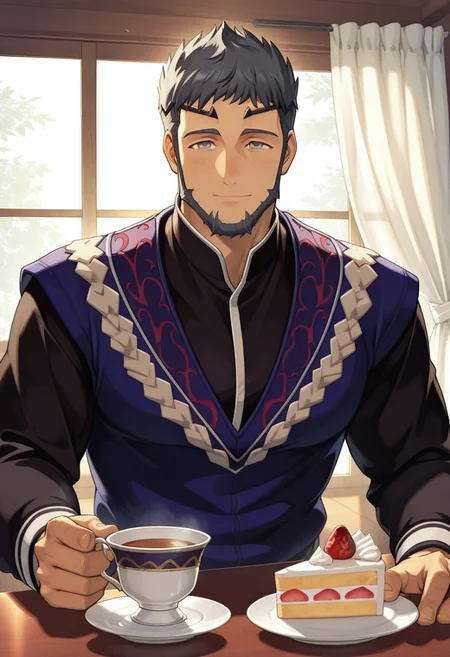 masterpiece, best quality, newest, very awa, extreme detail description, amazing quality, 1boy, muscular male, solo, mauvier_fe, diadem, black hair, grey eyes, facial hair, beard, black shirt, blue vest, pov, teacup, holding cup, light smile, table, window, light filtering through the window, curtains, strawberry shortcake