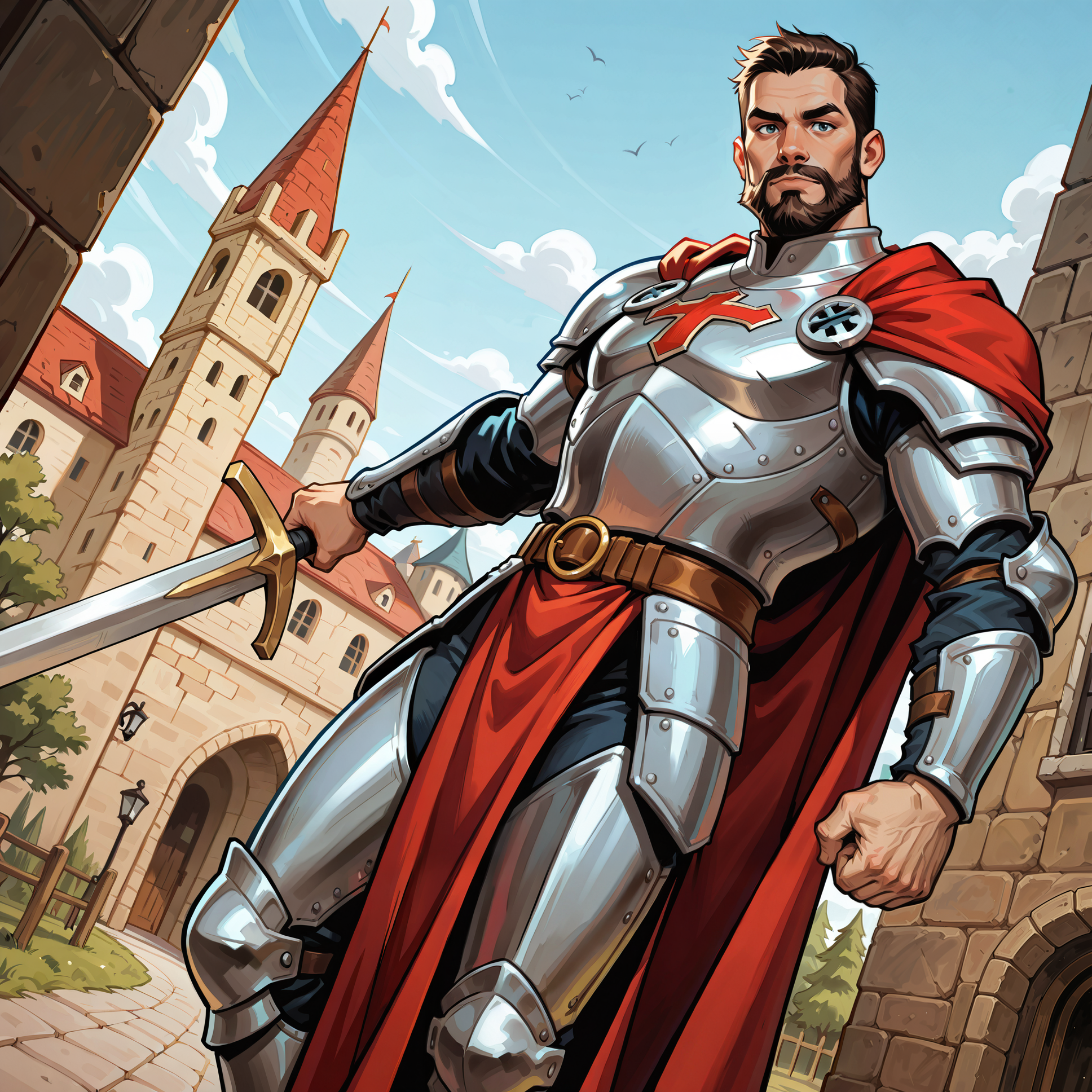 2d, source_cartoon, western comics \(style\),

intricate detail,

eye contact:1.2, looking at viewer:1.25, dynamic angle, dynamic shot,

holding longsword,

BREAK

1man, solo, beard, short hair,

fit body,

BREAK

medieval knight armor, red shoulder cape,

BREAK

detailed background, detailed scenery, outdoors, medieval kingdom,