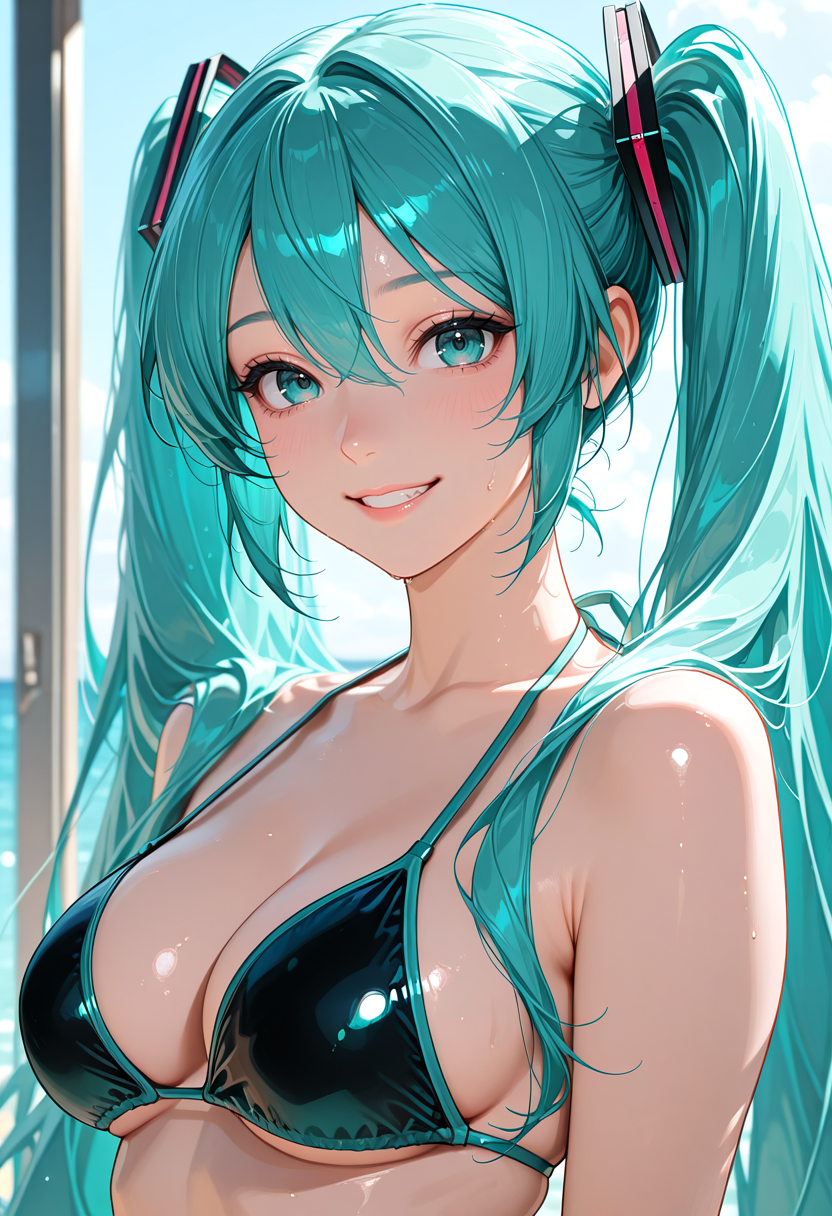 masterpiece, newest, absurdres, best quality, hires, 1girl, upper body, smile, hatsune miku, bikini, long hair