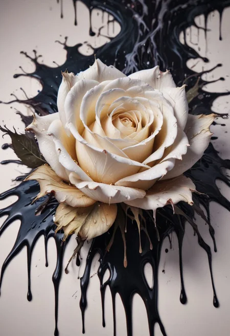 a full bloomed white rose with dark fluid dripping from it forming a small pool of lost sadness and love, poster art bold lines vibrant colors hyper-realism, 32k uhd overalldetail