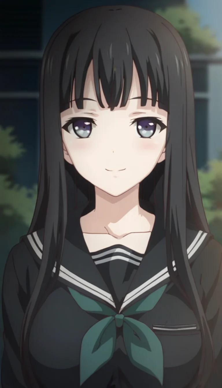 score_9,score_8_up,score_7_up,score_6_up BREAK official art,solo,outdoors,upper body,(portrait:1.5),looking at viewer,facing viewer,smile,blush,Byakuya Rinne,long hair,black hair,hime cut,blunt bangs,grey eyes,collarbone,school uniform,black sailor collar,black shirt,green neckerchief,long sleeves,medium breasts,black skirt,pleated skirt,black pantyhose,loafers,<lora:Byakuya Rinne(euphoria)-Pony:1.5>,