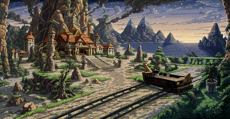 boat,cliff,cloud,gradient sky,horizon,house,in the style of lkrtstl,lkrtstl,mountain,no humans,outdoors,path,plant,potted plant,rail track,rock,roots,ruins,scenery,shadow,smoke,star \(sky\),temple,dutch angle,<lora:Lucasarts_style_v3:0.99><lora:illustriousXLv01_stabilizer_v1.185c:0.5>