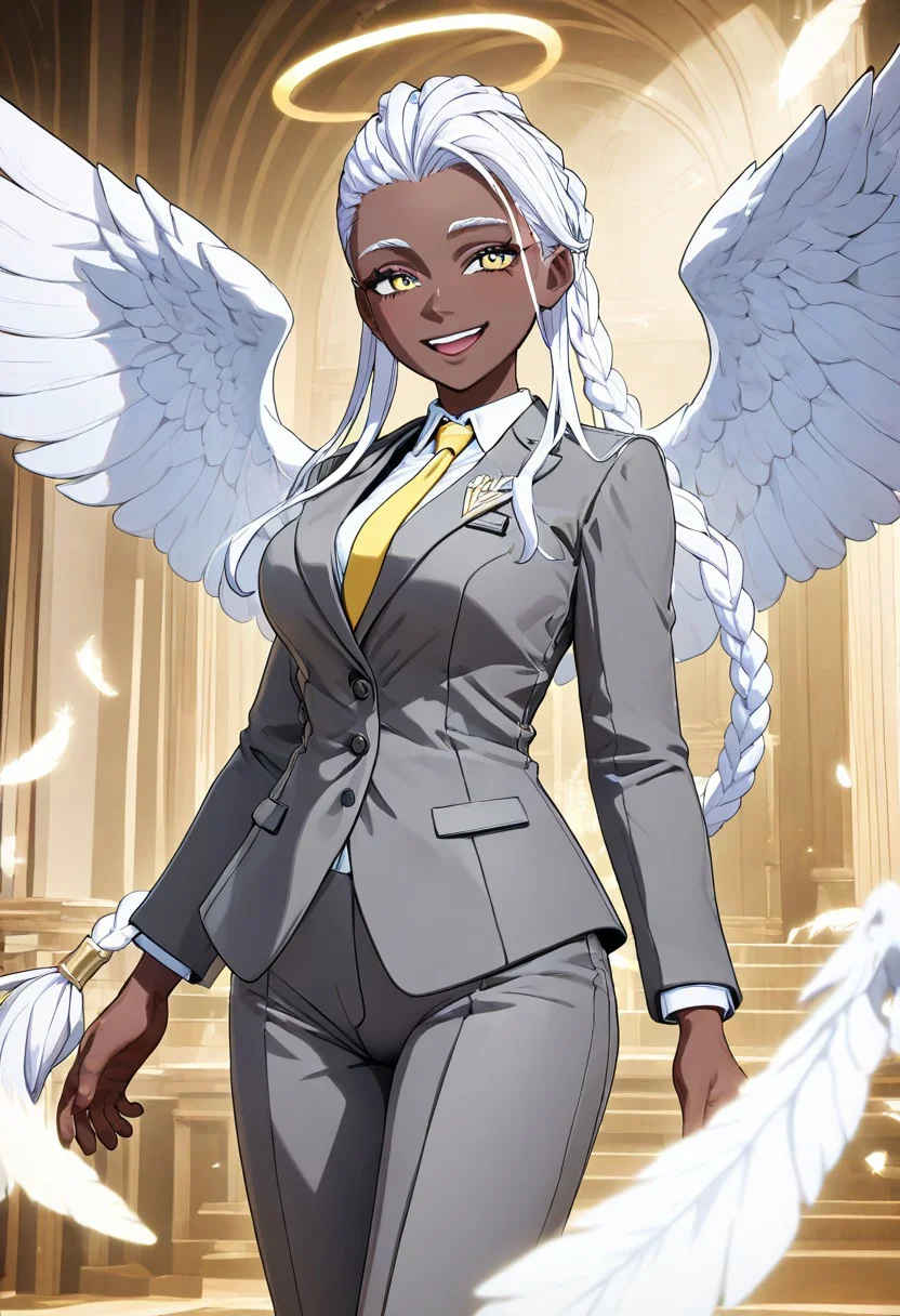 masterpiece, best quality, newest, absurdres, highres, CSGV1.0, anime coloring, 3d, 1girl, dark skin, dark-skinned female, grey suit, suit official attire, official clothes, nectie, yellow necktie, white hair, long hair, braid, single braid, angel, angel girl, halo, wings, angel wings, smile, happy,