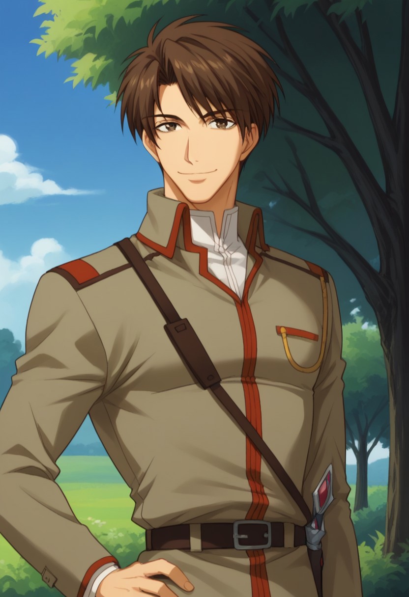score_9, score_8_up, score_7_up, source_anime, highly detailed, 
conradweller, 1boy, male focus, solo, uniform, military uniform, military,  standing,
upper body, belt, hand on hip, long sleeves, brown hair, pants, looking at viewer, brown eyes, white shirt, shirt, smile
outdoor, sky, tree