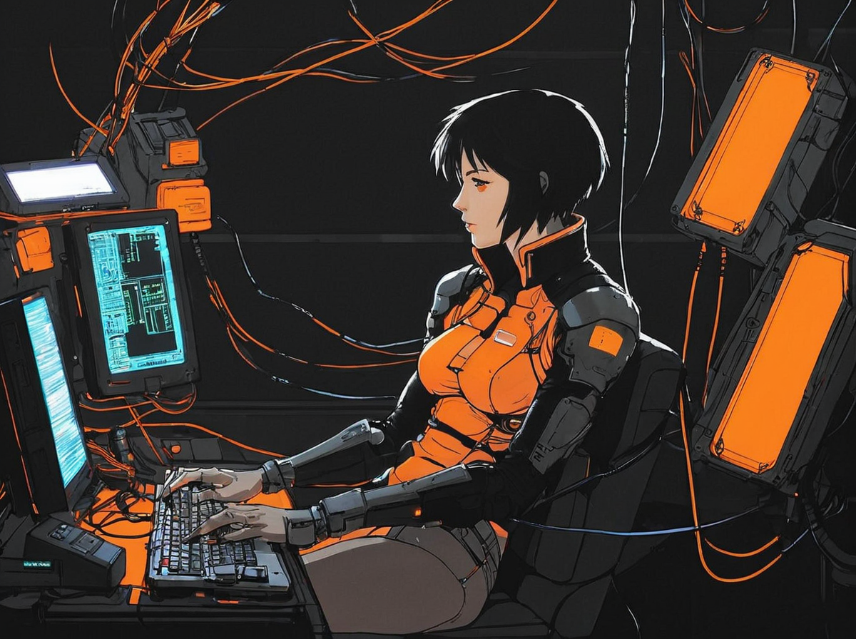 masterpiece, best quality,
 <lora:gits_style:0.6>,
gits95,
 1girl, solo, cable, short hair, sitting,solo,cyberpunk,wire,monitor,orange color glow,anime style,side view