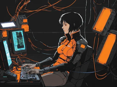 masterpiece, best quality,
 <lora:gits_style:0.6>,
gits95,
 1girl, solo, cable, short hair, sitting,solo,cyberpunk,wire,monitor,orange color glow,anime style,side view