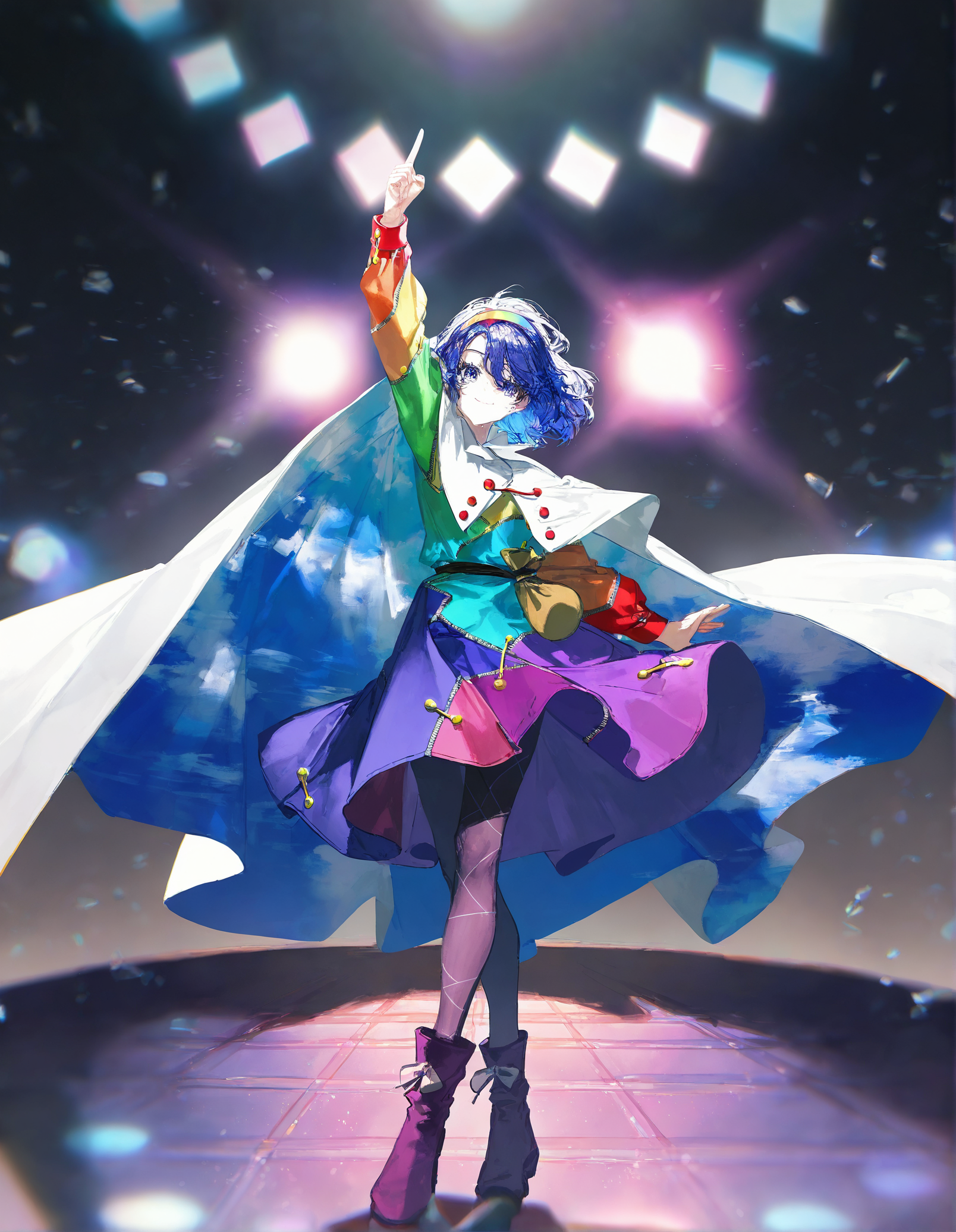 tenkyuu_chimata, 1girl ,rella, quasarcake:0.7, rolua, optical illusion, negative space, saturday_night_fever,blue_hair, breasts, cape, hairband , looking_at_viewer ,multicolored_hairband, pantyhose, purple_eyes ,short_hair ,smile, solo, sweat ,white_cape, disc,  disco,CDs, arm_up , index_finger_raised, outstretched_arm , dance_floor, dancing,wide shot, one hand point to sky one hand point to the ground,
<lora:illustrious_noobai_epsilon_pred_1_best_quality_v1:0.7> ,<lora:illustrious_noobai_epsilon_pred_1_masterpieces_v1:0.7>, <lora:ponyv4_noob1_2_adamW:0.5>, <lora:add_details_xl:0.7>, <lora:CDs_SDXL:1>,
masterpiece, best quality, amazing quality, very aesthetic, absurdres, newest,