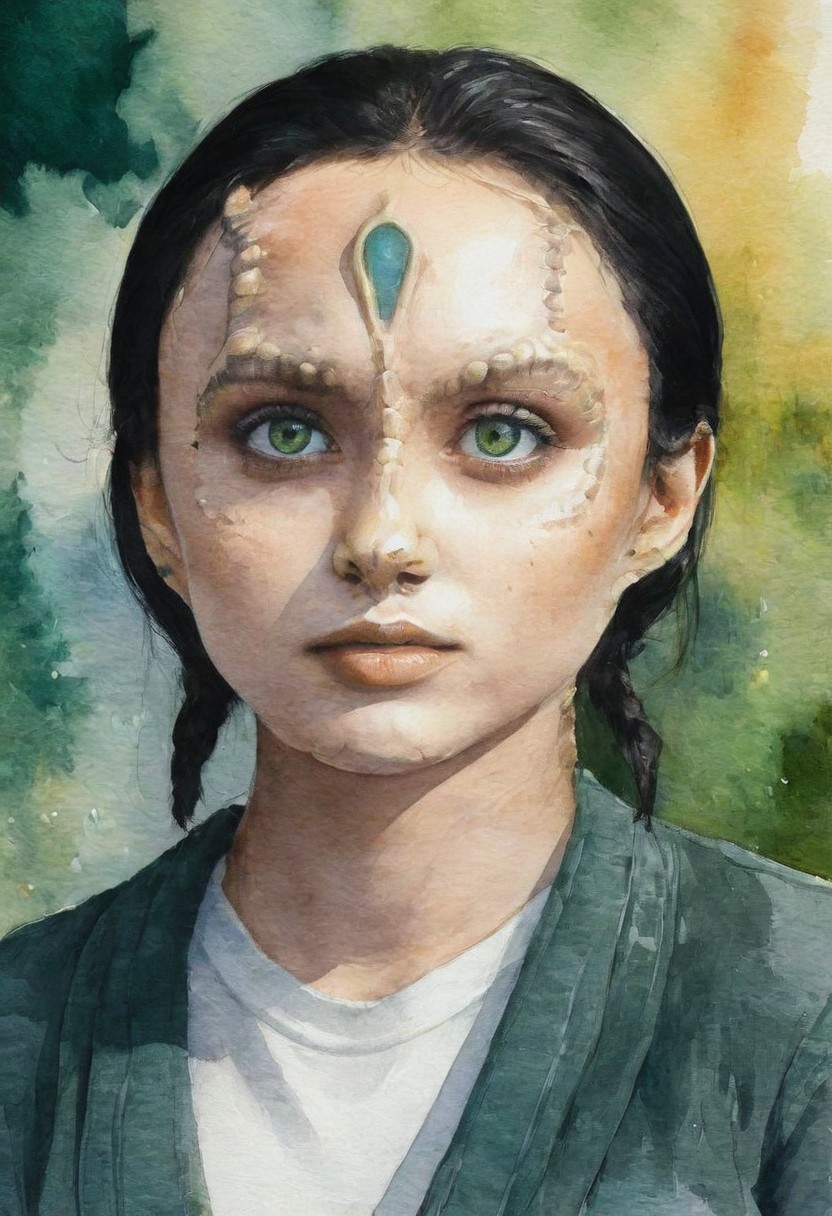 detailed watercolor portrait of (a female c4rd45514n alien, forehead crest, grey skin, ridges, scales), portrait, upper body, close up, cute woman, beautiful, 20 years old, green eyes, (black bold eyeliner, makeup:1.3), soft smile,  shoulder length black hair, cleavage, perfect face, perfect eyes, beautiful eyes, petite body perfect cute face, standing, cleavage, seductive look, close up, dynamic angle