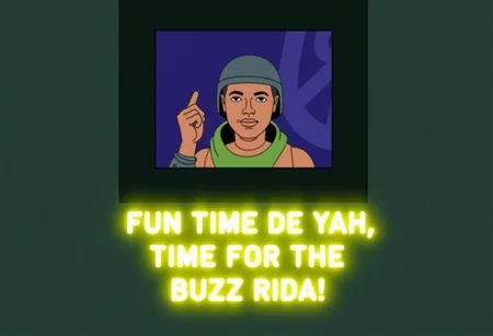 Cartoon screenshot of Doc from GI Joe looking through a window from the outside with a raised finger and open mouth, wearing his helmet. There are glowing yellow subtitles with the text "FUN TIME DE YAH, TIME FOR THE BUZZ RIDA!".
