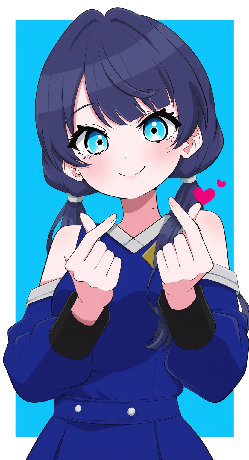 masterpiece, best quality, Good quality, very aesthetic, absurdres, newest, murano sayaka, 1girl, armpit crease, blue background, blue dress, blue eyes, blue hair, blush, border, breasts, closed mouth, dark blue hair, dress, finger heart, half-sleeves, long hair, long sleeves, low twintails, medium breasts, mirage voyage (love live!), mole, mole on neck, outside border, simple background, smile, solo, split mouth, twintails, upper body, virtual youtuber, white border, street_pop_art_style <lora:ponyv5_noobV065S_1_adamW-000013:0.7> <lora:MeMaXL4:0.45> <lora:street_pop_art_illustriousXL:0.8>