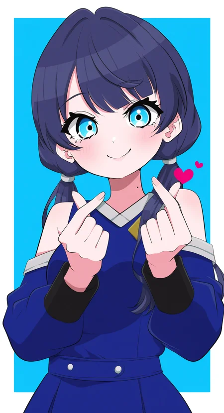 masterpiece, best quality, Good quality, very aesthetic, absurdres, newest, murano sayaka, 1girl, armpit crease, blue background, blue dress, blue eyes, blue hair, blush, border, breasts, closed mouth, dark blue hair, dress, finger heart, half-sleeves, long hair, long sleeves, low twintails, medium breasts, mirage voyage (love live!), mole, mole on neck, outside border, simple background, smile, solo, split mouth, twintails, upper body, virtual youtuber, white border, street_pop_art_style <lora:ponyv5_noobV065S_1_adamW-000013:0.7> <lora:MeMaXL4:0.45> <lora:street_pop_art_illustriousXL:0.8>