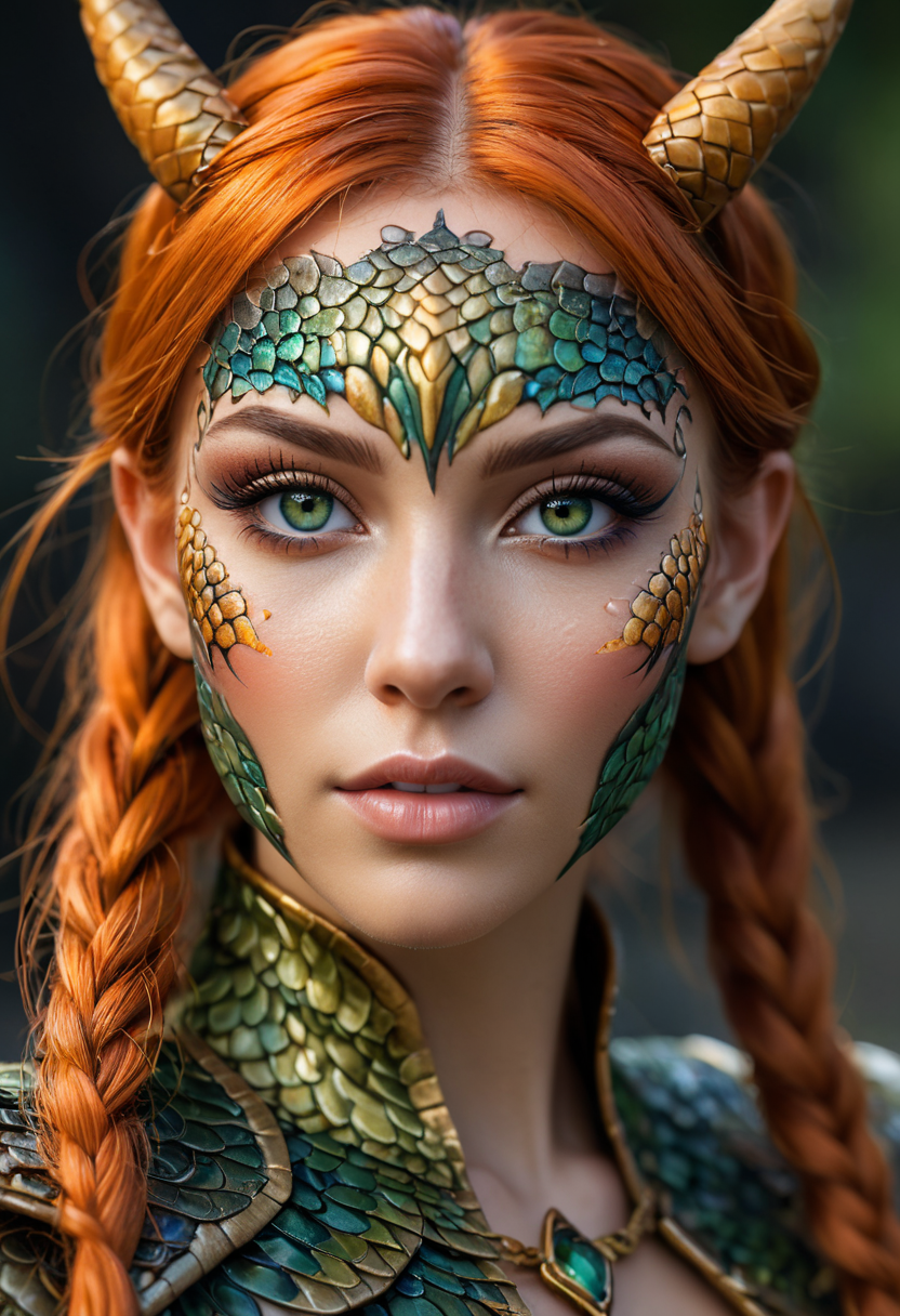 breathtaking This stunning young woman, human dragon hybrid, extreme close-up, covered in green multicolored matte scales as skin, striking orange yellow reptilian eyes, dragon horns. Despite being bald except a braided auburn pony tail, she exudes confidence and strength, her expression conveying a sense of power and determination. dvrscls,style of Don Lawrence, style of (Will Murai:1.2), style of (Greg Rutkowski:0.8), <lora:dvrscls:0.5>, . award-winning, professional, highly detailed,