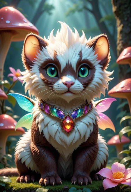 highly detailed photo of a fluffy adorable ferret fairy, with webbed iridescent wings and soft webbed ears, wearing a rainbow jeweled collar and with a magical fantasy mushroom forest background