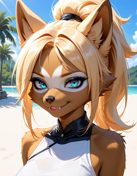masterpiece, best quality, very aesthetic, absurdres,
outdoors,  
upper body, posing, 
 seductive smile, parted lips, long eyelashes,
 <lora:Whisper_the_Wolf_v01_NAIXL:1>,
Wh15p3r,1girl,solo,furry,furry female,wolf girl,long hair,blonde hair,wolf ears,ponytail,blue eyes,makeup,anout,animal nose,fangs,body fur,two-tone fur,orange fur,brown fur,