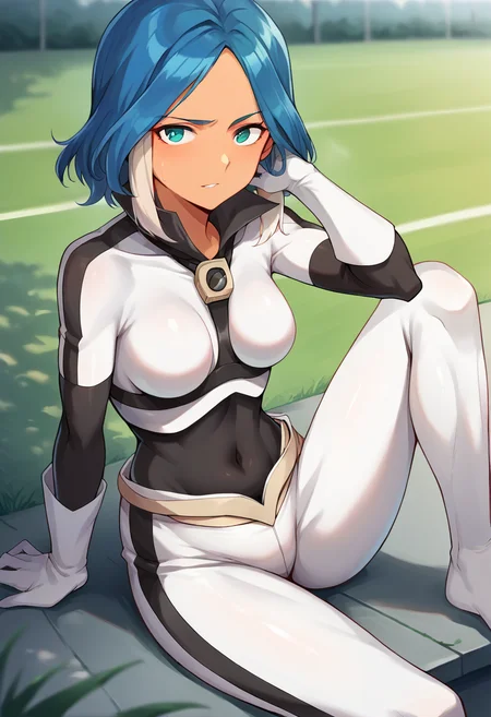 score_9, score_8_up, score_7_up, source_anime, masterpiece, 1girl, ct_ulv1d4, blue hair, bodysuit, popped collar, white shirt, white gloves, black covered navel, tan belt, outdoors, white pants, depth of field, sitting, looking at viewer, <lora:Ulvida_pony_2outfit_ct:1>