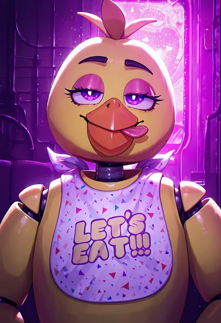 masterpiece, best quality, amazing quality, very aesthetic, absurdres, newest, detailed background, foreground blur, cartoon, screencap, 
chica, 1girl, beak, bib,  joints, animatronic
bright, purple eyes, smug,, closed mouth, tongue out, upper body, half closed eyes,