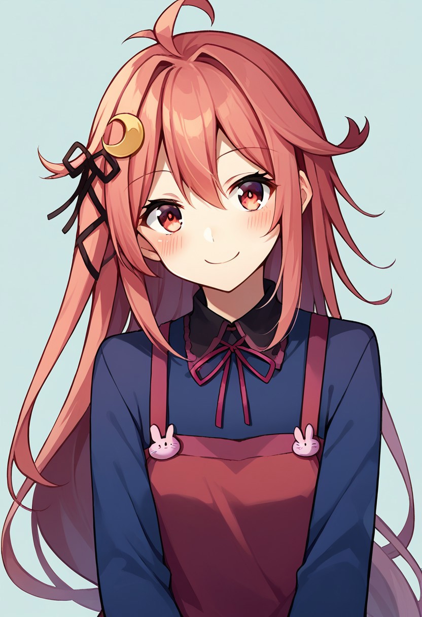 score_9, score_8, score_7, source_anime, uzuki (kancolle), crescent hair ornament, rabbit hair ornament 1girl, solo, looking at viewer, blush, hair ribbon, long sleeves, smile