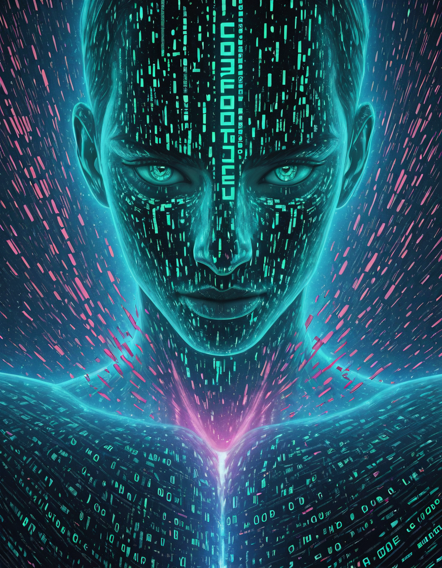 Glitchcore Art Style, detailed, mmatrix-style, silhouette, code, text focus, glitch, digital dissolve, 1boy, dynamic, dramatic, distorted, vibrant colors, glitchcore art style