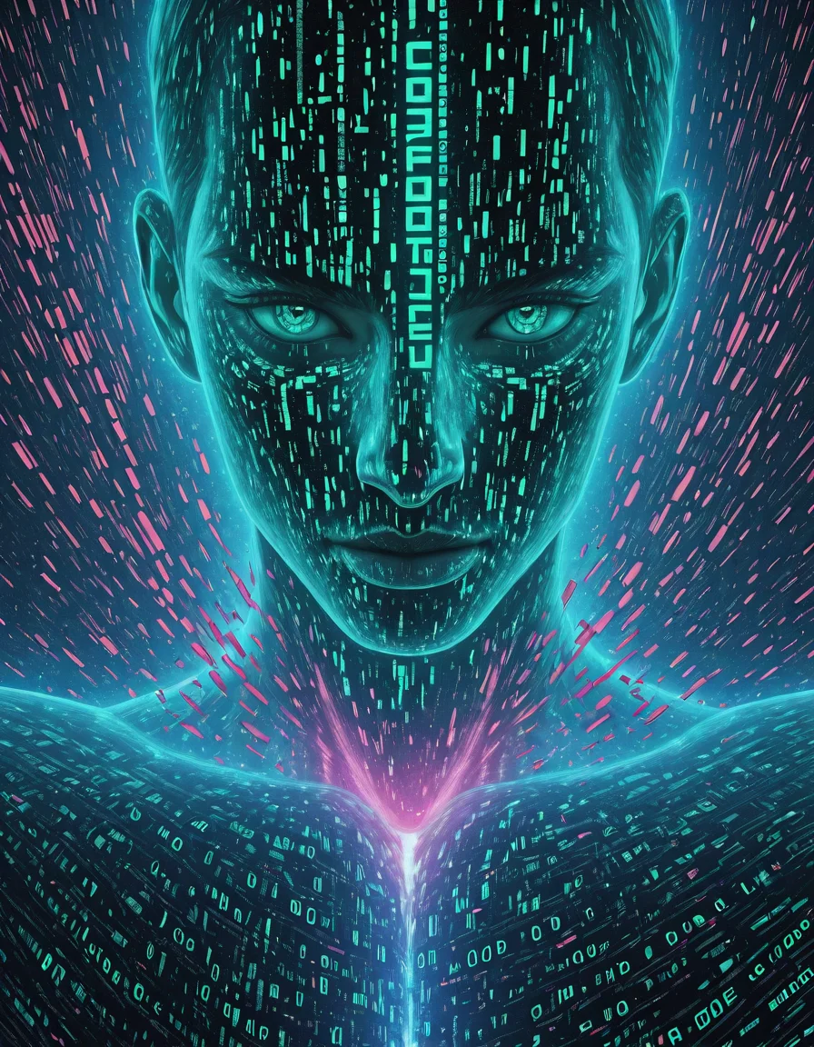 Glitchcore Art Style, detailed, mmatrix-style, silhouette, code, text focus, glitch, digital dissolve, 1boy, dynamic, dramatic, distorted, vibrant colors, glitchcore art style