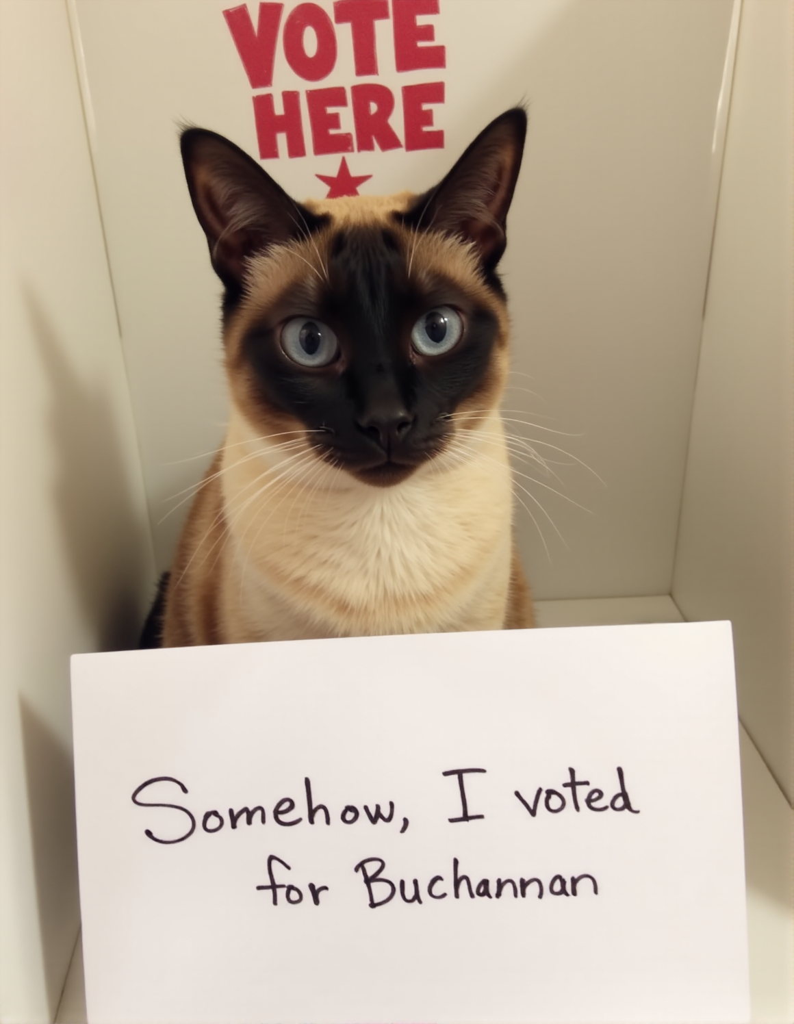 sh4m3, a high resolution photo of a siamese cat with blue eyes with a sign in front of it that says: "Somehow, I voted for Buchannan" <lora:Meme_soph-CatShame-FLUX:1>. The cat is in a voting booth with the sign VOTE HERE in the background.