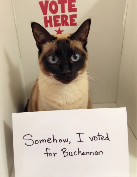 sh4m3, a high resolution photo of a siamese cat with blue eyes with a sign in front of it that says: "Somehow, I voted for Buchannan" <lora:Meme_soph-CatShame-FLUX:1>. The cat is in a voting booth with the sign VOTE HERE in the background.