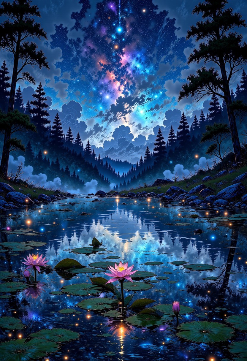 The Mirror Lake of Time ⏳🪞
A tranquil lake that reflects not the sky, but alternate realities. Floating lilypads with luminous petals create ripples in time, while distant, glowing figures appear as glimpses of past and future.