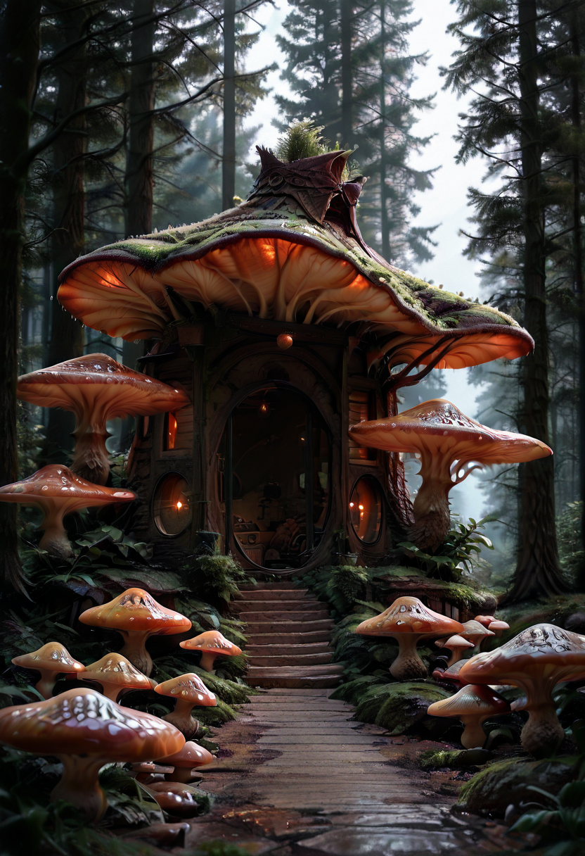 masterpiece, best quality,    (giant mushrooms),  N4t4rch, tree, window, forest, from outside , <lora:NatureArchitecture_IXL:0.7>,  <lora:FluxieStyle_IXL:1.0>,