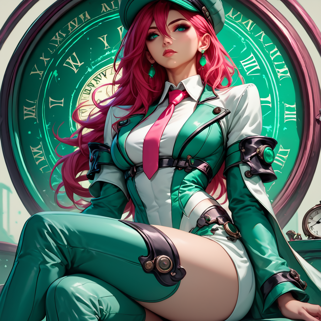 ArsNijiStyle, alchemy circle, The image is an illustration of a young woman with long pink hair and blue eyes. She is wearing a green and white outfit with a large clock face in the background. The woman is sitting on a chair with her legs crossed and her arms resting on her knees. She has a serious expression on her face and is looking off to the side. The clock face is circular with black numbers and hands and it appears to be made of metal. The overall style of the illustration is futuristic and edgy., 1girl, solo, hat, long hair, clock, red hair, necktie, earrings, jewelry, green headwear core_9, score_8_up, score_7_up, score_6_up, <lora:Ars_Niji_Style_SDXL:1>