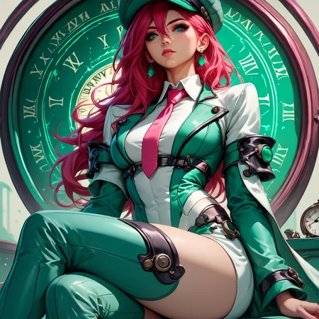 ArsNijiStyle, alchemy circle, The image is an illustration of a young woman with long pink hair and blue eyes. She is wearing a green and white outfit with a large clock face in the background. The woman is sitting on a chair with her legs crossed and her arms resting on her knees. She has a serious expression on her face and is looking off to the side. The clock face is circular with black numbers and hands and it appears to be made of metal. The overall style of the illustration is futuristic and edgy., 1girl, solo, hat, long hair, clock, red hair, necktie, earrings, jewelry, green headwear core_9, score_8_up, score_7_up, score_6_up, <lora:Ars_Niji_Style_SDXL:1>