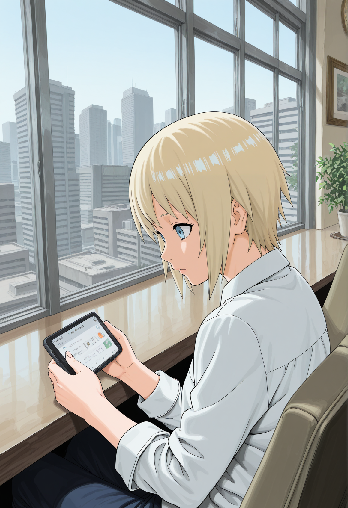 amazing quality,very aesthetic,absurdres,best quality,newest,masterpiece,4k resolution, absurdres, highres,
kishimoto masashi,  <lora:NARUTOSTYLE2:1>  1boy, blonde hair, city, cafe, upper body, sitting, holding smartphone,
