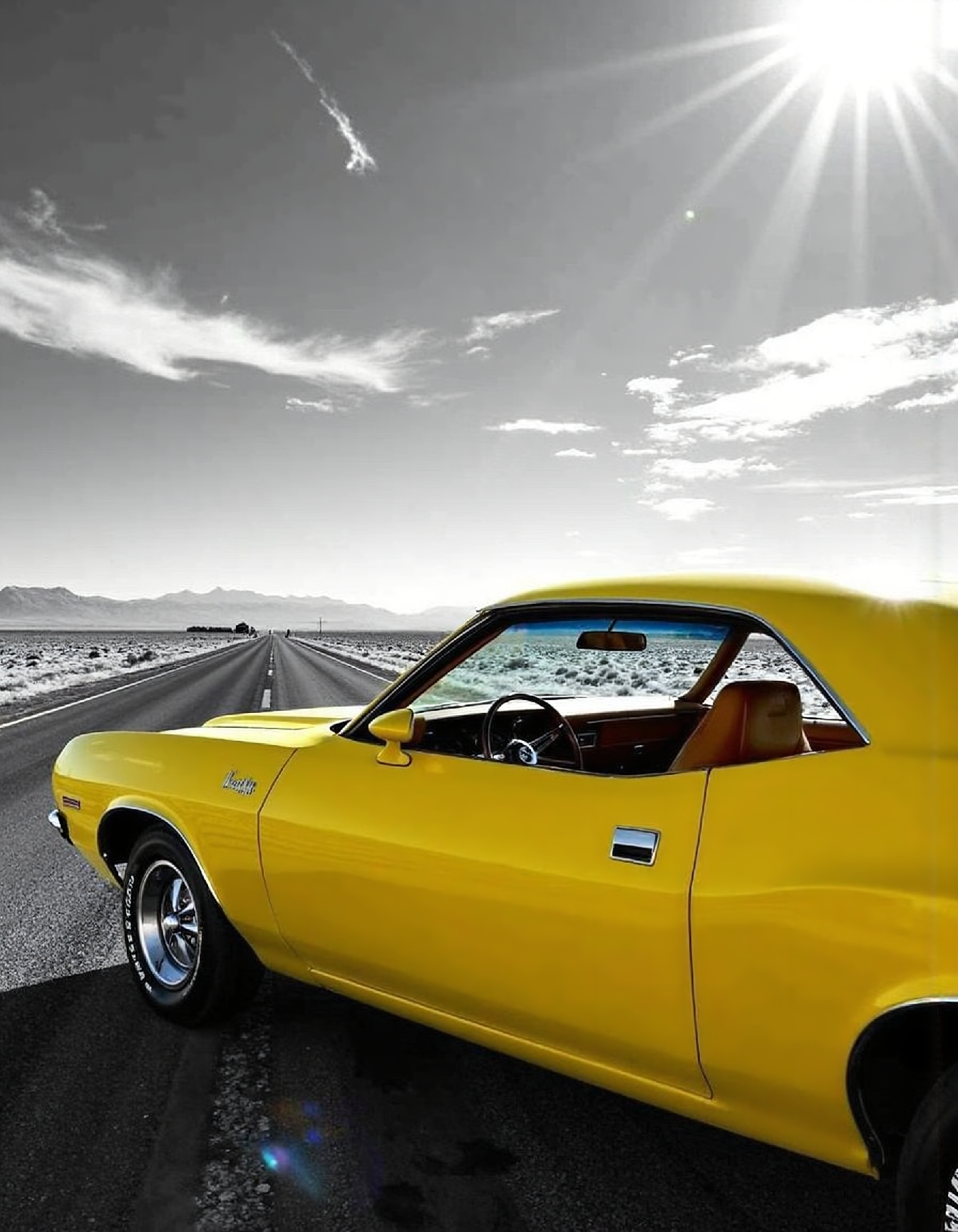 diclrpp, A vibrant yellow 1970s muscle car, chrome gleaming in the sunlight, parked on a desolate black and white highway.  The car's paint is a luminous canary yellow, contrasting sharply with the monochrome world around it.  The car's interior is visible through the open windows, with a brown leather steering wheel and plush velour seats.  The asphalt road stretches endlessly into the distance, disappearing into a haze of black and white.  The sky above is a dramatic, high-contrast black and white panorama, with wispy clouds drifting across it.  A single ray of sunlight illuminates the car, casting a warm glow on its yellow exterior.