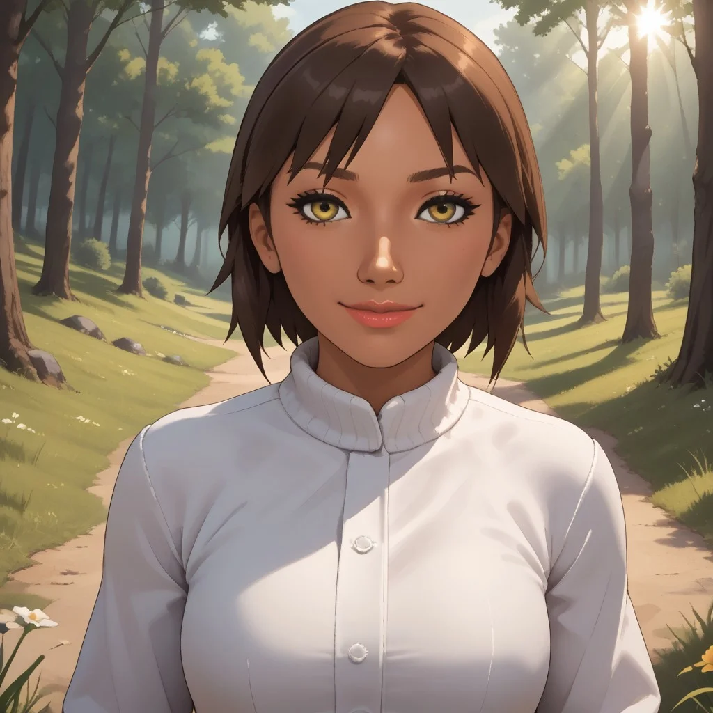 score_9, score_8, BREAK, solo, wii, mii, wii music, female mii, 1girl, brown hair, brown eyebrows, dark yellow eyes, lips, dark skin, white clothing, white pants, shoes, nintendo mii, modern_mii, classic_mii, breasts, Donna_(Wii_Music), sexy pose, smile, outdoors, sunlight, shadows, evening lighting, natural lighting, forest, trees, grass, orange sky, sunset