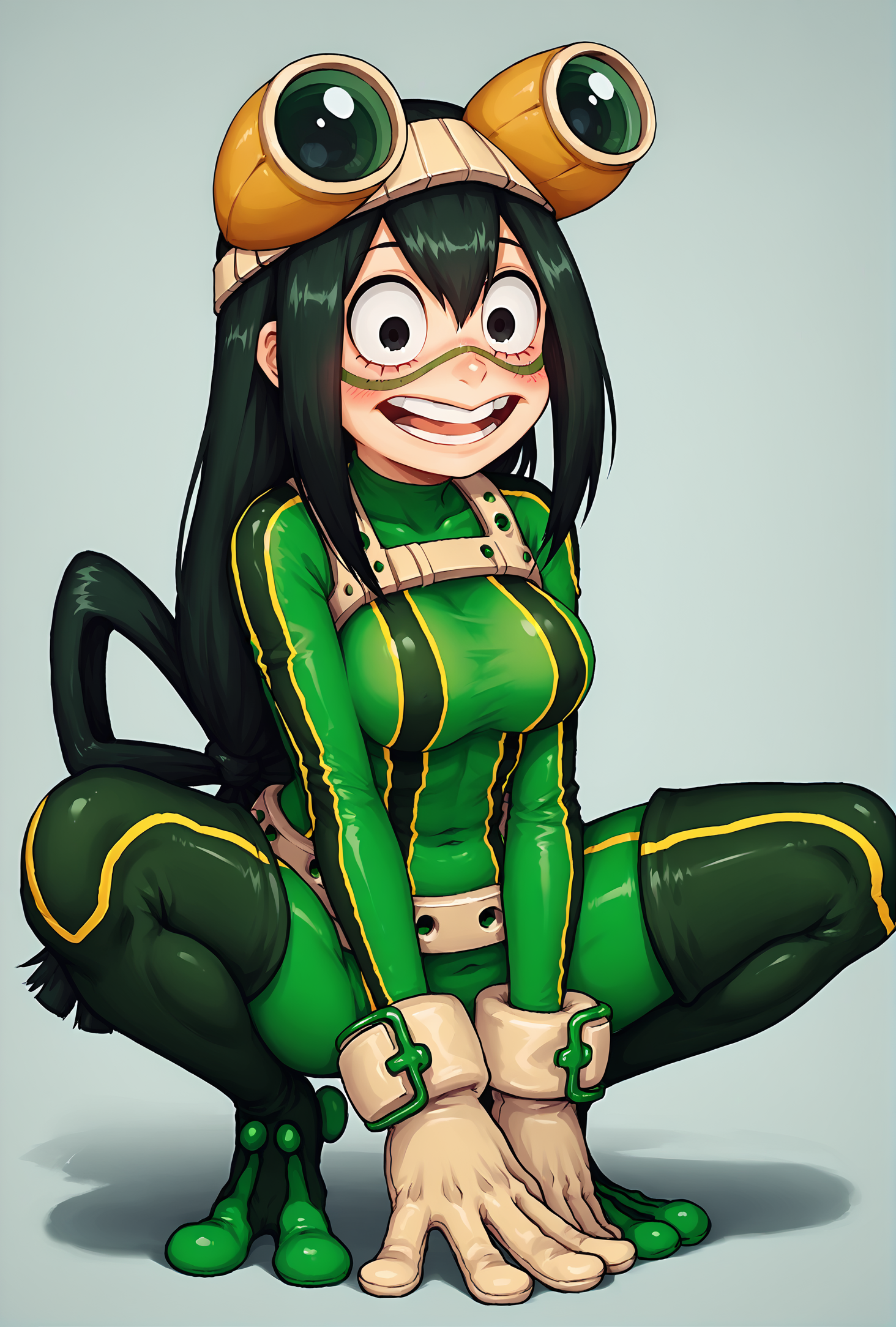 score_9, score_8_up, score_7_up,
<lora:lozhkin_pony:0.8:0.4> lozhkin, open mouth, big smile, accurate teeth with gaps, smile, blush,   <lora:asui_tsuyu_pony:0.8>
asui tsuyu, black eyes, black hair, bodysuit, boku no hero academia, breasts, frog girl, gloves, goggles, green bodysuit, long hair, 
squatting, spread legs,