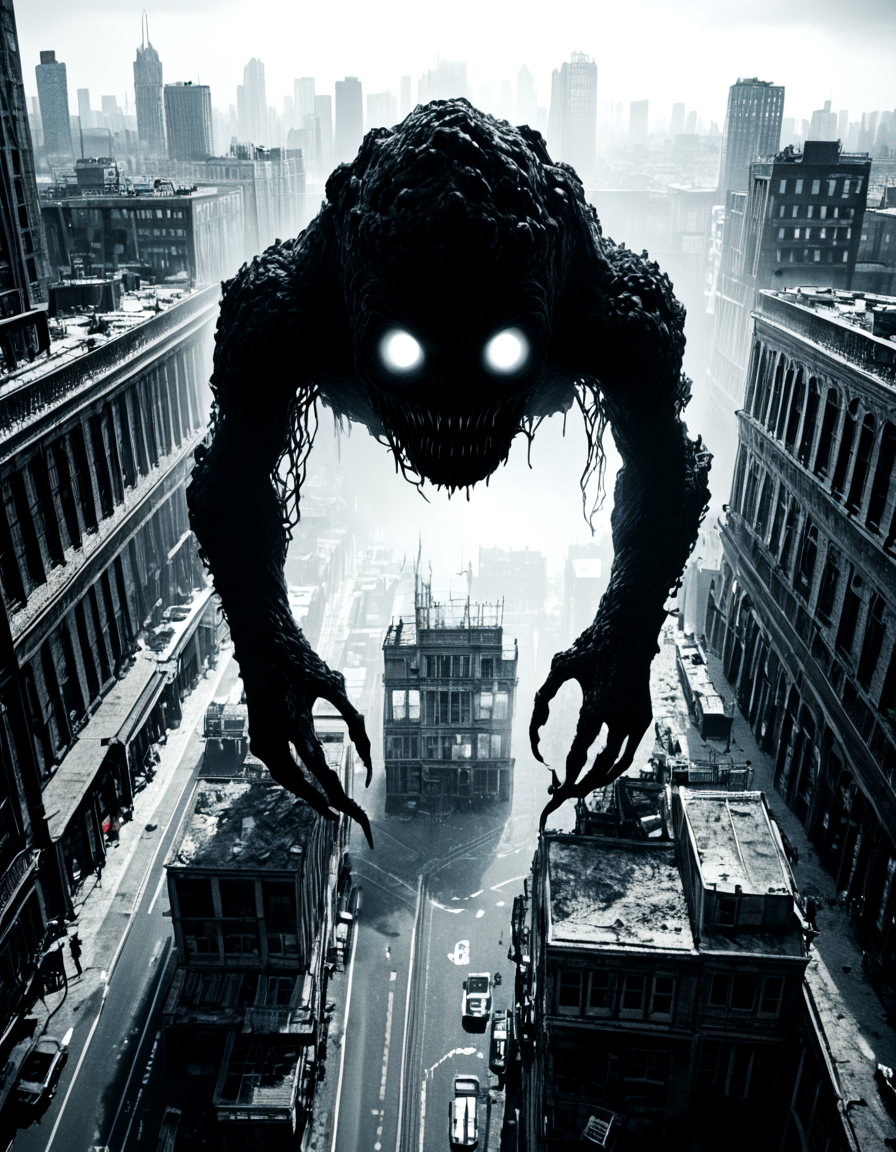 score_9, score_8_up, score_7_up, horrorcctvlora, monochrome, city, window, greyscale, glowing, blurry, giant, dark, glowing eyes