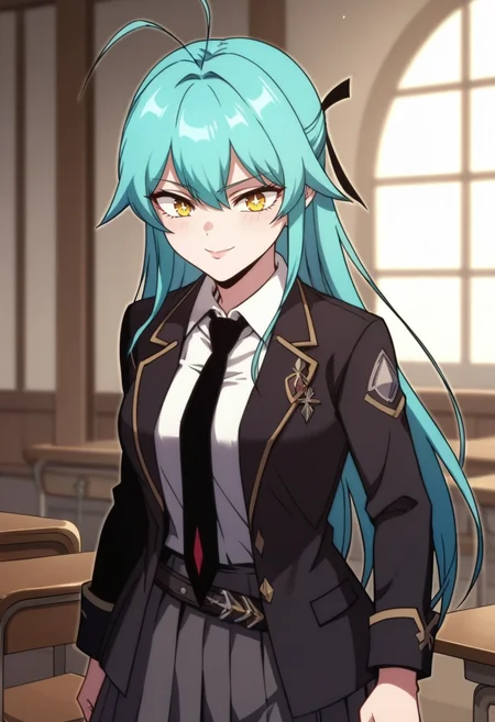 score_9, score_8_up, score_7_up, source_anime,anime screencap, anime coloring,intricate details,rating_safe, masterpiece, best quality,
(best quality, absurd res, ultra detailed),1girl, ((solo)), good eyes,perfect eyes,,detailed eyes, zPDXLxxx , zPDXL3,detailed, detailed face, <lora:add-detail-xl:3>,
BREAK
<lora:Abel:0.8>, abel, 1girl, yellow eyes, blue hair, antenna hair,
long hair, side locks, school uniform, black jacket, white shirt, black necktie, pleated skirt,
BREAK
solo, standing, 
smirk,