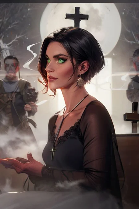 40 years old, mature female, milf, black hair,short haircut, Bob hairstyle, green eyes, small perfect round breast, round earrings, small cross necklace,  fFaceDetail,  milfy_mindy, hotmama,  looking at the viewer, art, fanatical woman, crazy look , slight smile, lace black dress,  woman giving a sermon to a crowd <lora:wolong_v1-000012:0.4>, detailed face, dark theme, mysterious atmosphere, with a haunting, mist, ghosts are flying around, shrouded and darkness, tall female, art, moon, fiery inverted cross, at church, dark fantasy style, close up, Darkness