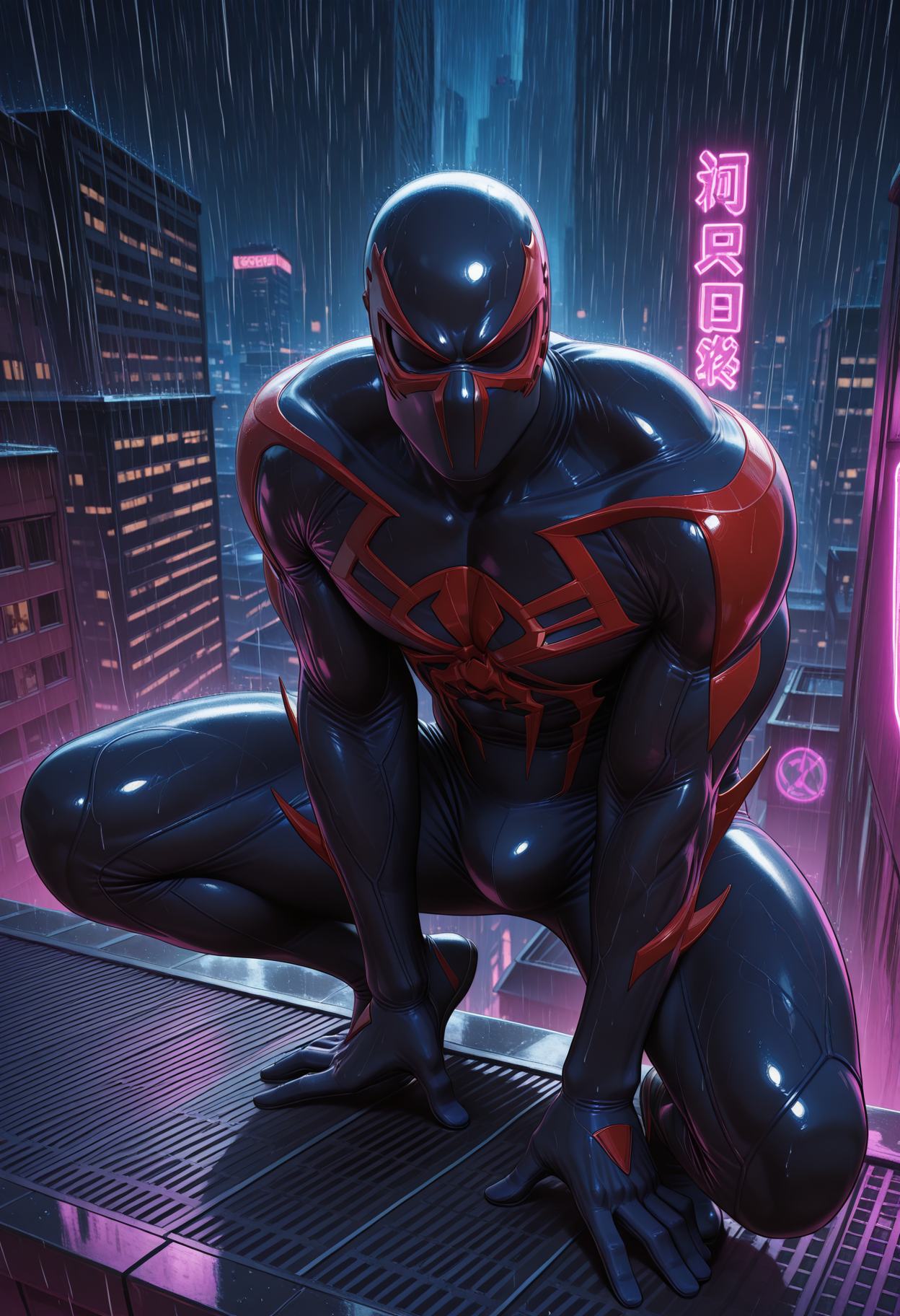 abstract background, multicolored background, city, solo, 1boy, male focus, bara, m4rvels2099, dynamic pose, mask, bodysuit, muscular, crouching, rooftop, neon lights, rain <lora:illustriousXL_stabilizer_v1.23:0.8> <lora:Spider-Man2099_Marvel_V1_ILXL:1>, perfect anatomy, masterpiece, perfect quality, best quality, detailed, newest, very aesthetic