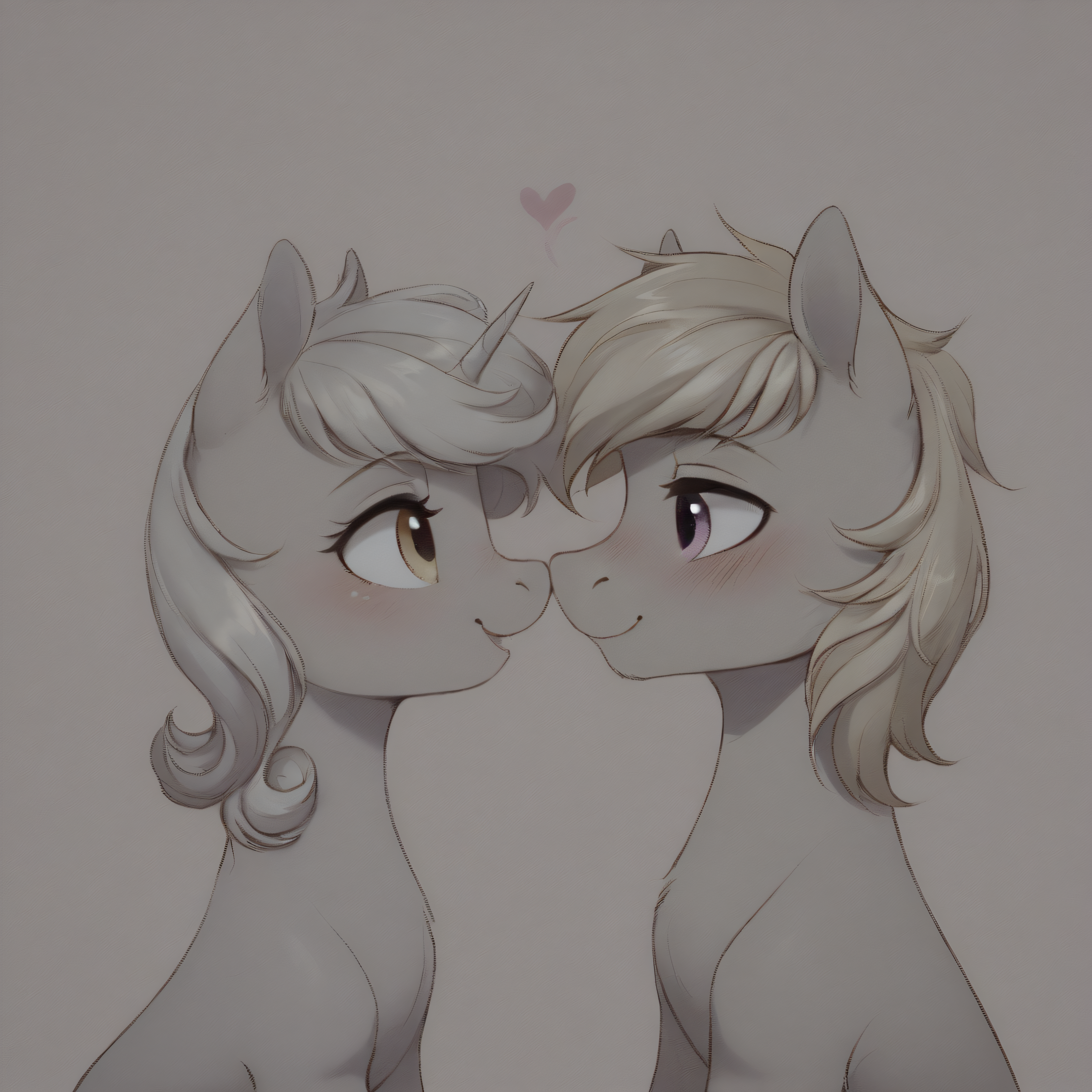 a pink unicorn mare with blue mane and yellow eyes, looking right, bedroom eyes, open mouth, female, a blue pegasus stallion with yellow mane, purple eyes, feathered wings, looking left, looking down, blushing, (male:1.3), a unicorn and a pegasus, cute, looking at each other, hearts, nuzzling