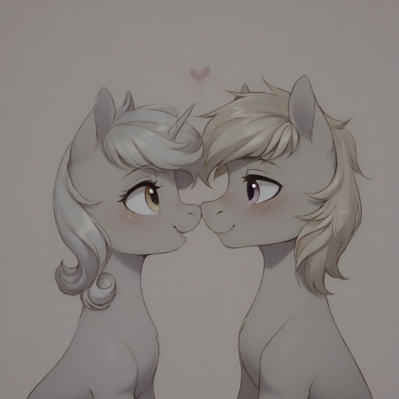 a pink unicorn mare with blue mane and yellow eyes, looking right, bedroom eyes, open mouth, female, a blue pegasus stallion with yellow mane, purple eyes, feathered wings, looking left, looking down, blushing, (male:1.3), a unicorn and a pegasus, cute, looking at each other, hearts, nuzzling
