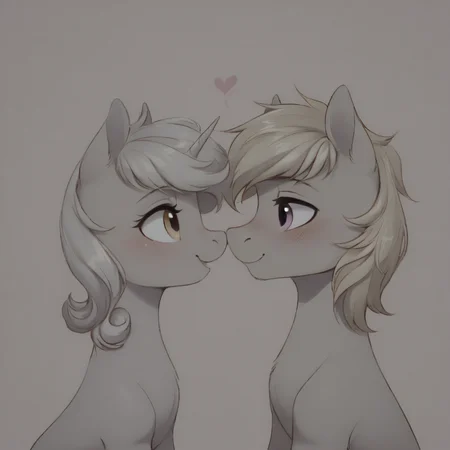 a pink unicorn mare with blue mane and yellow eyes, looking right, bedroom eyes, open mouth, female, a blue pegasus stallion with yellow mane, purple eyes, feathered wings, looking left, looking down, blushing, (male:1.3), a unicorn and a pegasus, cute, looking at each other, hearts, nuzzling
