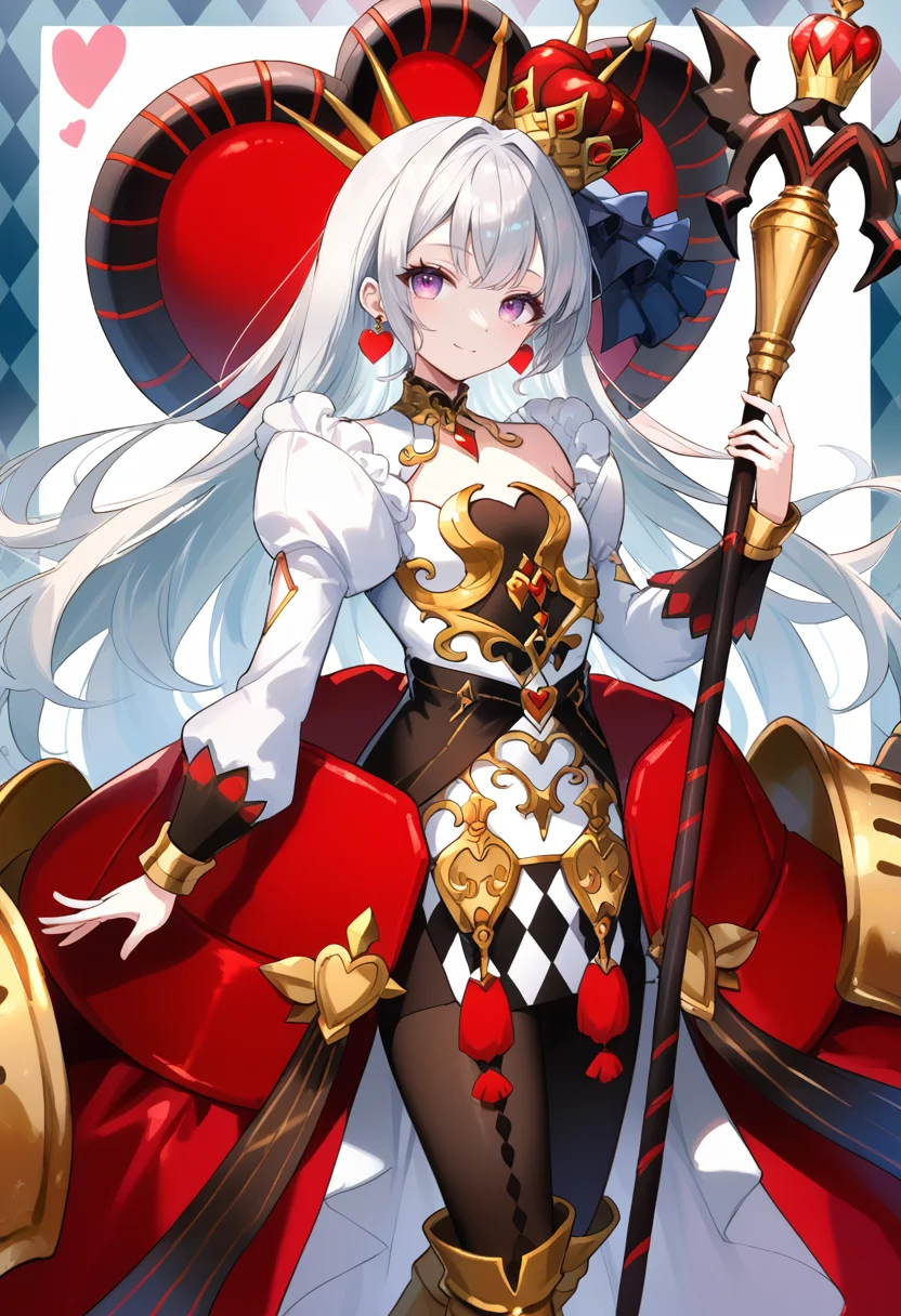 (score_9:0.9),score_8_up,score_7_up,rating_safe,anime style,(zPDXL),(zPDXL3),<lora:MALICE Queen Hearts of Crypter ponyXL v1:0.71>,mâlice queen hearts of crypter,1girl,solo,red crown,staff,heart earrings,looking at viewer,argyle background,floating,black pantyhose,gold armored boots,multicolored dress,small breasts,heart halo,light smile,