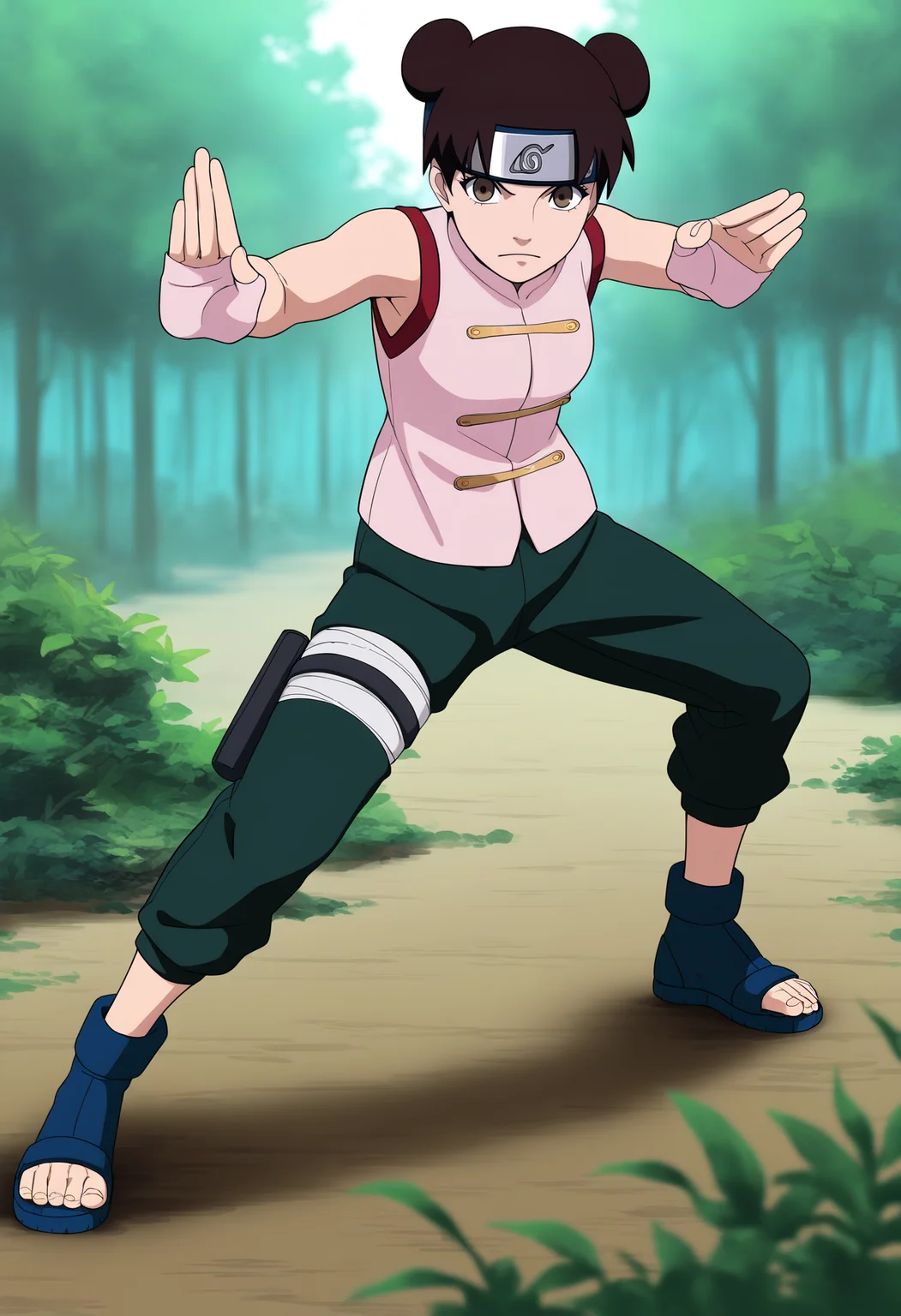 masterpiece, best quality, very aesthetic, absurdres,
1girl, ytenten, brown eyes, brown hair, short hair, double bun, forehead protector,
konohagakure symbol, bare shoulders, sleeveless shirt, pants, bandages, toeless shoes,
fighting stance, full body, looking at viewer, solo, standing, outdoors, forest ,   <lora:TentenGeninNoobXL_byKonan:1>