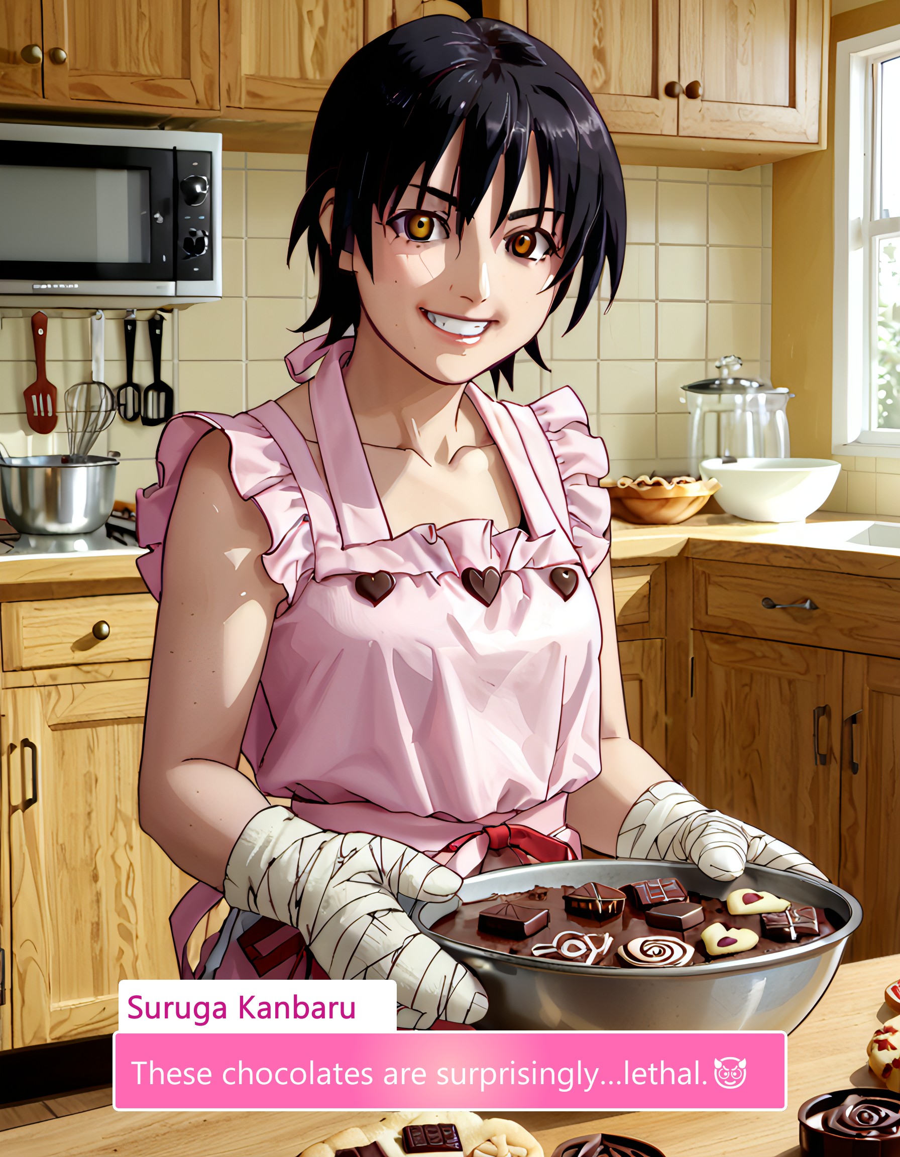 score_9, score_8_up, score_7_up, source_anime, anime screencap, baking valentines cookies, looking at viewer, blush, smile, gloves, holding, frills, food, indoors, apron, chocolate, cookie, oven mitts,  
vintage-inspired kitchen, heart-shaped cookie cutters, festive themed mixing bowl, cinnamon and vanilla scent, delicate sugar decorations, cute baking apron with lace, softly glowing fairy lights,  
warm wooden countertops, cookie dough rolled out, pink and white striped napkins, intricate chocolate drizzle, whipped cream piping bag, neatly arranged cookie tin, soft golden hue from oven light,  
glass jar filled with heart candies, cozy homemade atmosphere, festive oven mitts with tiny hearts, gentle flour dusting over counter, pastel pink ceramic plates, love notes written on recipe pages, Suruga Kanbaru, Short, black hair, Yellow eyes, Bandages on left arm, Athletic build, Tomboyish style, Gap in teeth, Dark skin tone, Scars on arms, Casual clothing, Sneakers, Suruga, short hair, black hair, brown eyes, school uniform,