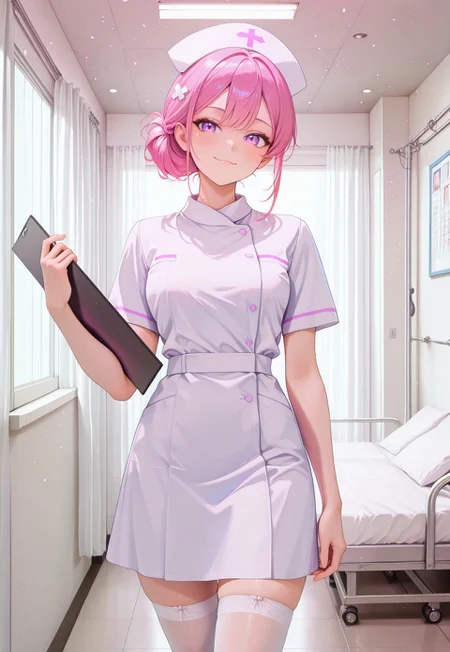safe_pos, masterpiece, newest, absurdres, incredibly absurdres, dynamic angle, epic composition, epic proportion, best quality, amazing quality, very aesthetic, detailed background, detailed environment, highres, newest,
animated, corridor,
hospital, sunshine, window, white curtain, white wall,
soft light, particles,
pink hair, 1girl, solo, nurse, simple hair ornament,
(sexy, hot, lewd, slutty), beautiful breasts, tied hair, thin waist,
nurse uniform, white stockings, nurse cap,
slightly smile,
(holding chart board:1.2), tilt head, standing, looking at viewer,