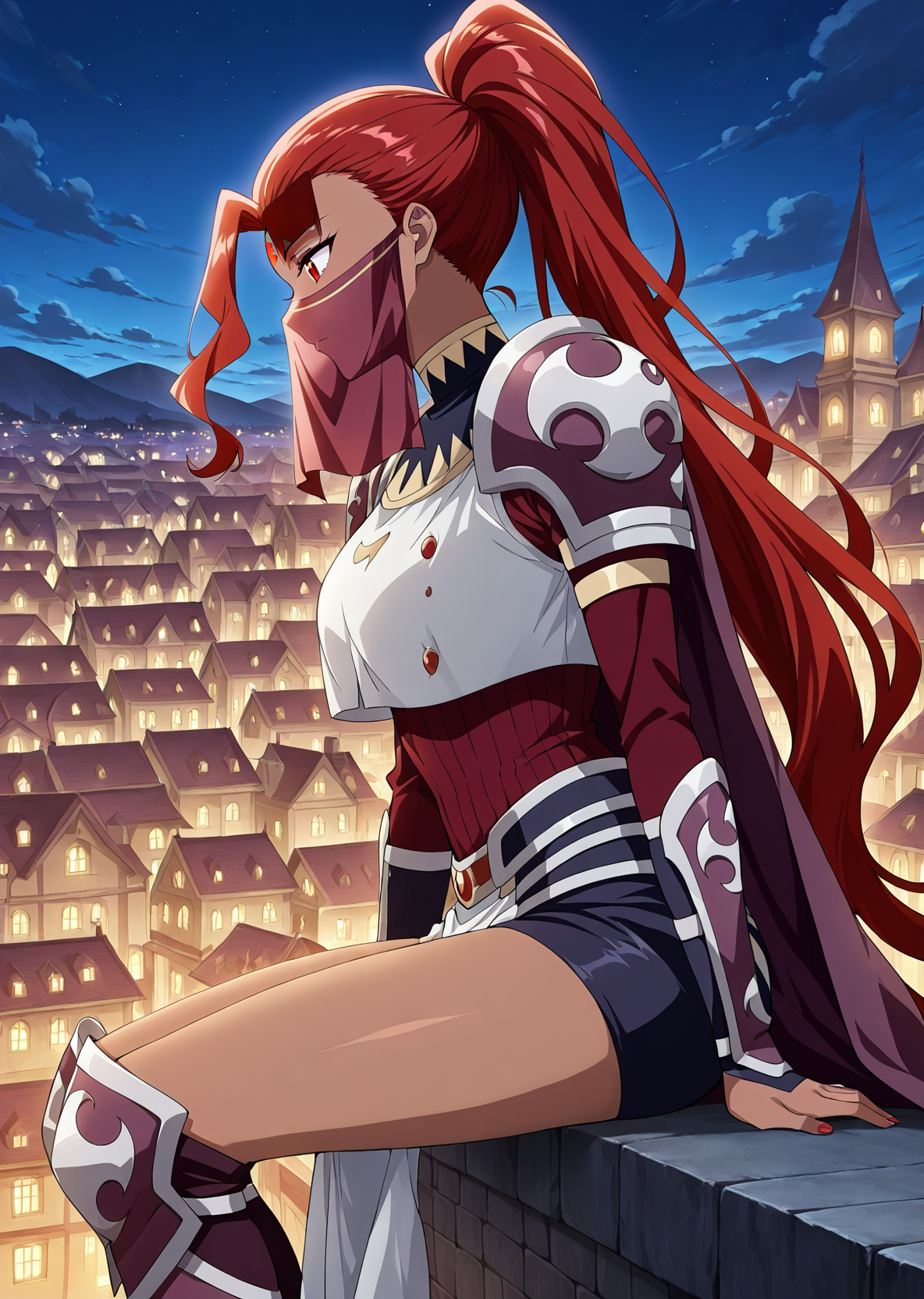 <lora:Huo_Zhi__Battle_Through_the_Heavens__Illustrious:1>
1 girl, solo, dark skin, dark-skinned female, red eyes, red hair, long hair, ponytail,
armor, shoulder armor, mouth veil, forehead mark, cape
score_9, score_8_up, score_7_up, score_6_up, source_anime, masterpiece, best quality, absurdres, highres, newest, anime coloring <break>  1girl, solo, sitting, on wall, from side, town, night sky, cloud
