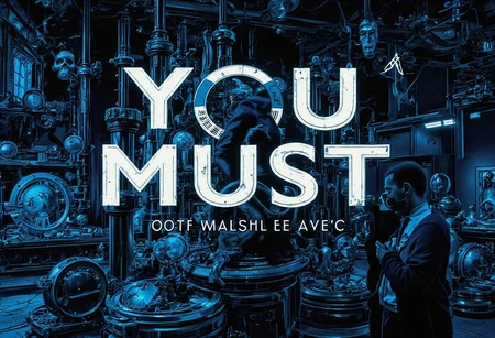 the words 'YOU MUST' written in large font fills the front of frame. In the back of frame weird man with in a dark room with checkerboard blue lotus PEOPLE ARE trapped inside machinery, people crushed inside mechanical gears, high gore arms crushed and bent, signs of wailing, people in business suits trapped in machinery. floors with blood on the ground with a white interior cyber tech electricity electical circuits illuminati symbols with brains and vaginas with high technology alchemical background lightning bolts