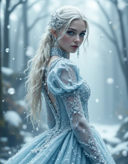 a surreal landscape photo, ethereal and dreamlike with soft light, low contrast, high detail, natural light, muted tones, wide-angle, atmospheric, serene, tranquil, misty, 35mm lens, f/4, contemplative, minimalist, otherworldly
<lora:ck-waterworld:1> ck-wtr a horse made of clear ice and water behind her snow and ice snowflakes swirl around her,
a modern fashion style cinematic image displaying her full stunning body and dress, a stunningly beautiful slim 20 year old young woman with white blond hair and blue eyes, 
wearing a stunning ice blue dress with puffy sleeves with crystal ornaments and pins in the shape of snowflakes and beautiful ice motifs on her dress, wearing elaborate costumes that are predominantly blue white and gold, with intricate designs and embellishments that suggest a royal or fantasy theme. <lora:Ethereal_Alien:0.4>ethereal alien,<lora:aidmaFluxPro1.1Stylev0.2:0.8>, <lora:aidmaMJ6.1v0.4:0.6>, <lora:sss:1> solo, sss, subsurface scattering, translucent skin, realistic, flurries of snow