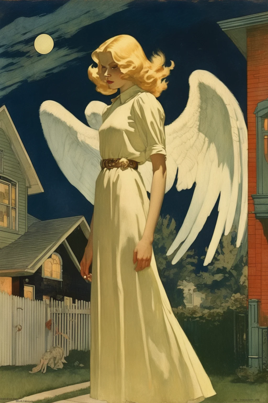 Jessie Willcox Smith Style - painting of a blonde woman at a suburban neighborhood the angel lucifer whispers to her, terrifying, scary and surreal, sci-fi, sci-fi poster, Jessie Willcox Smith painting
