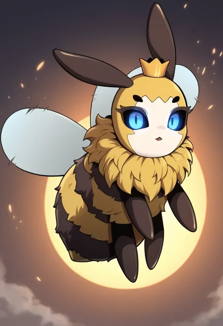 score_9, score_8_up, score_7_up, solo , <lora:add-detail-xl:3>,
BREAK
<lora:Bee_Queen:0.8>, monster bee, pokemon (creature), bug, blue eyes, mini crown, flying, looking at viewer,dark theme, glowing eyes,